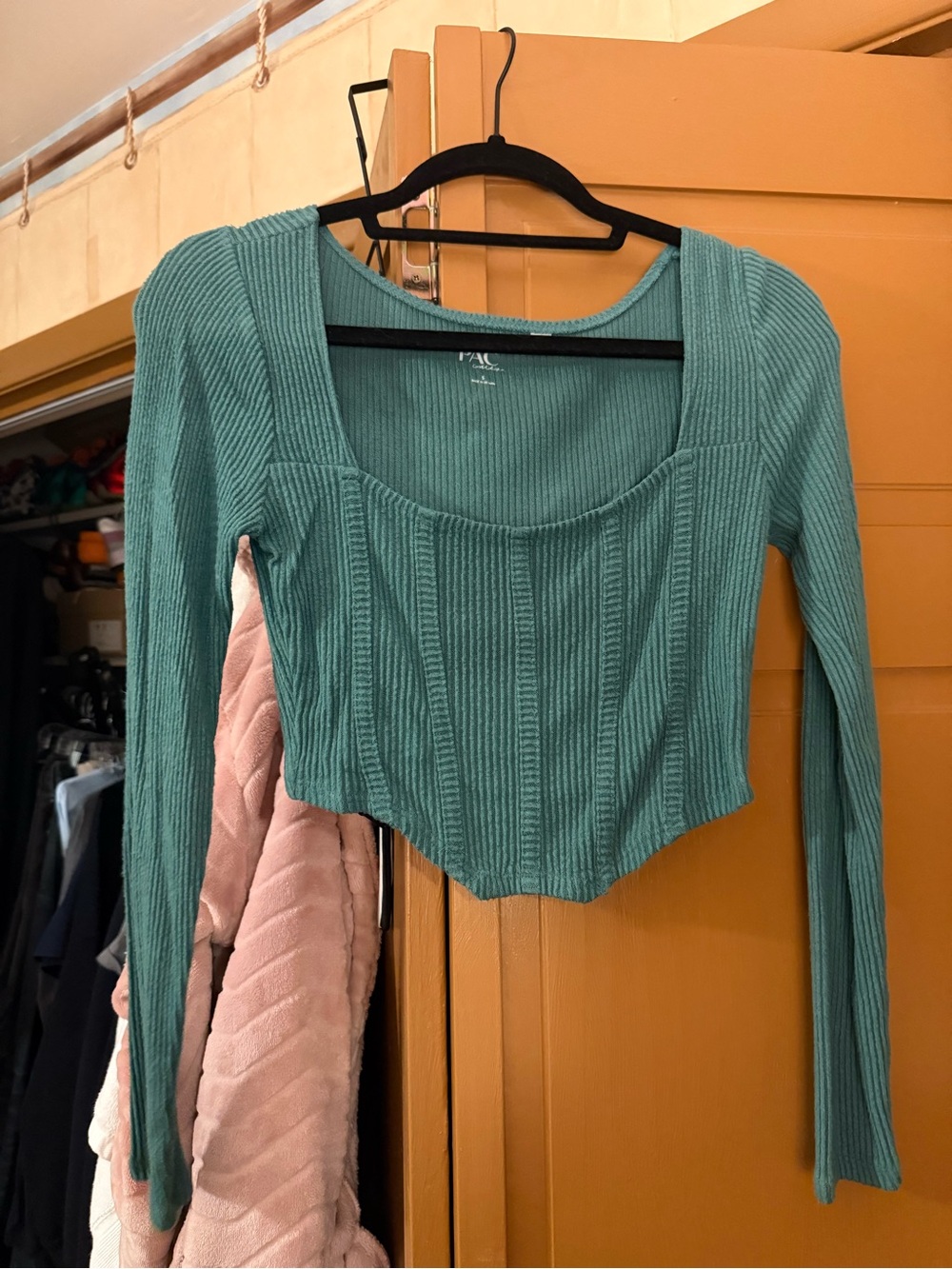 Teal Ribbed Long-Sleeve Crop Top